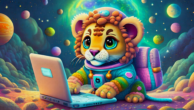 oil painting style cartoon character illustration Baby lion Astronaut with laptop in space,