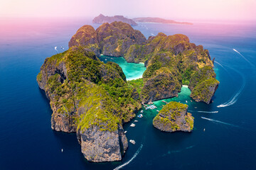 Aerial top view of tropical island Phi Phi Leh with turquoise water Maya Bay and dream beach, Krabi. Amazing travel photo of Thailand by drone