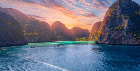 Aerial panorama view tropical island Phi Phi Leh with Maya Bay and Pileh Lagoon, Krabi province, Thailand, sunset time © Parilov