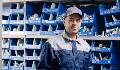 Industrial worker in warehouse of steel fittings for hydraulic hoses in manufacturing factory