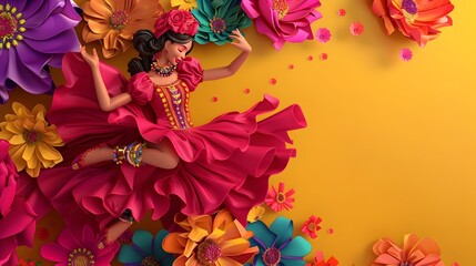Vibrant Latina Dancer in Floral Fiesta Backdrop