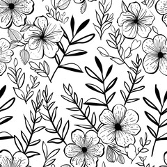 Seamless Silhouette Floral Pattern with Leaves and Flowers on Branch Hand Drawn Perfect for Modern Home Decor, Textiles, Wrapping Paper, Wallpaper, Fabric Print, Greeting Cards, Invitation Card