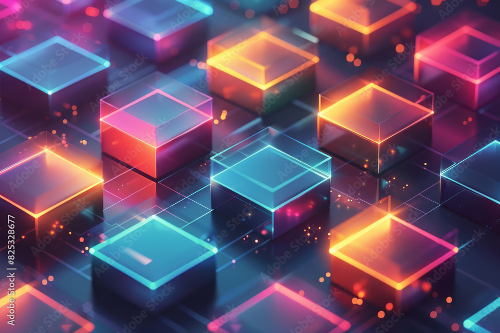 Poster minimalist isometric design featuring floating rhombuses in a gradient of colors,