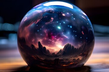 A crystal ball set against a background of space.a crystal ball containing a galaxyA galaxy contained in a glass container
