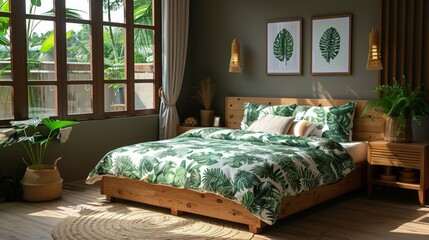 biophilic bedroom design, create a serene bedroom oasis by incorporating natural elements like a wooden bed frame and leaf-patterned bedding for a biophilic design aesthetic