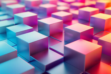 Minimalist isometric design featuring floating rhombuses in a gradient of colors,