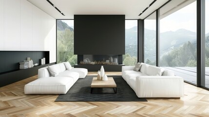 A modern living room with white sofas, wooden floor and black fireplace wall, interior design of home decor