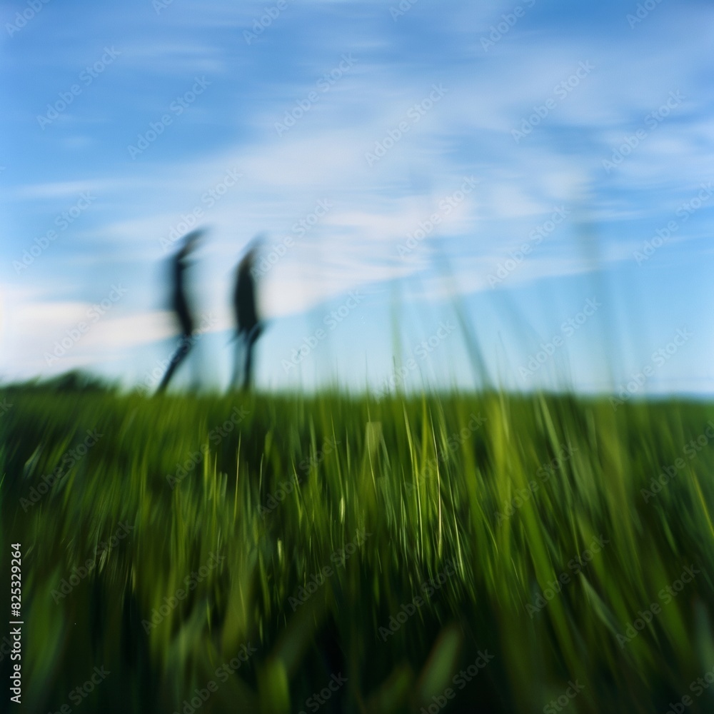 Poster Abstract Symmetry and Motion: Blurred Figures in Grassy Field Under Blue Sky with Soft Tones and Wide Angle Perspective