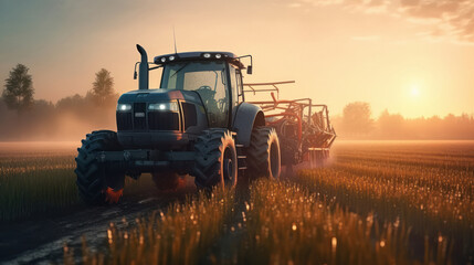 Tractor spraying pesticides in wheat field