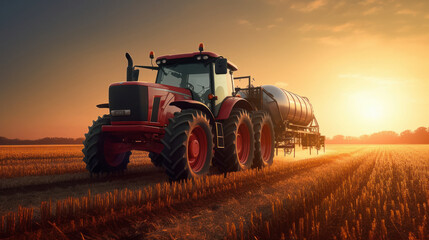 Fototapeta premium Tractor spraying pesticides in wheat field