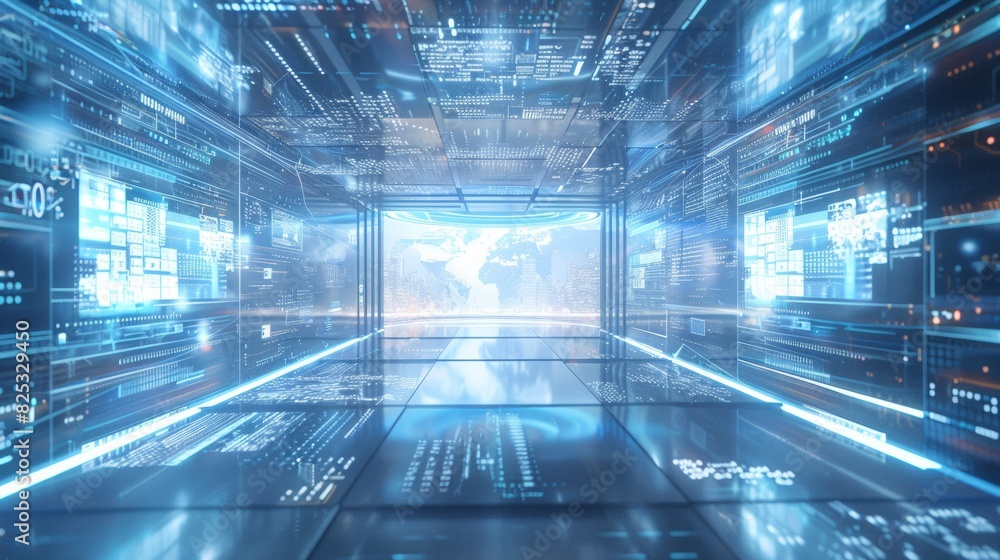 Poster High-Tech Industrial Control Room with Holographic Interfaces and Real-Time Data Monitors during Nighttime Operations