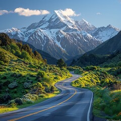 Naklejka premium Winding road leading to majestic snowy mountains under clear blue sky, bordered by lush greenery and vibrant landscape.