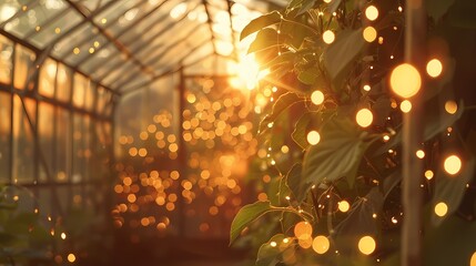 A cozy scene of a greenhouse, with a defocused backdrop of softly glowing particles -