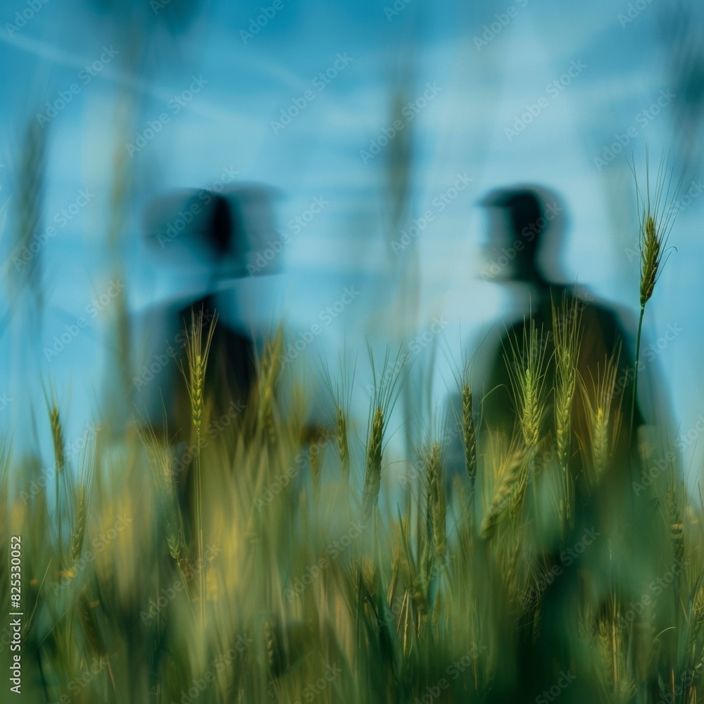 Poster Two Blurred Figures in Lush Green Grass with Symmetric Abstract Style Using Long Exposure and High-Definition Photography Techniques