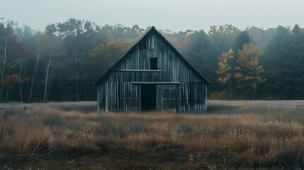 Obraz premium Rustic old barn surrounded by grassland and forest landscape.