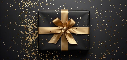 Black gift box with gold ribbon, black background, glitter confetti, luxury present, festive banner, Black Friday sale, sophisticated celebration
