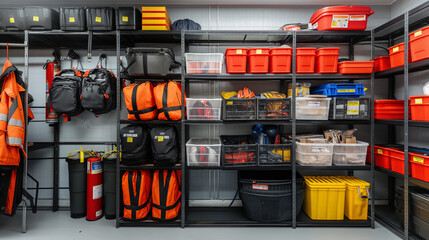 A well-organized PPE storage area in a workplace. Dynamic and dramatic composition, with cope space
