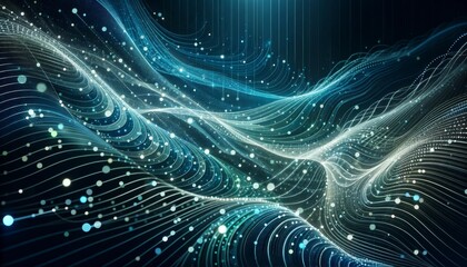 Digital background of waves for technological operations, neural networks, AI, data transmission and encryption, digital archives, audio and visual representations, and scientific research.
