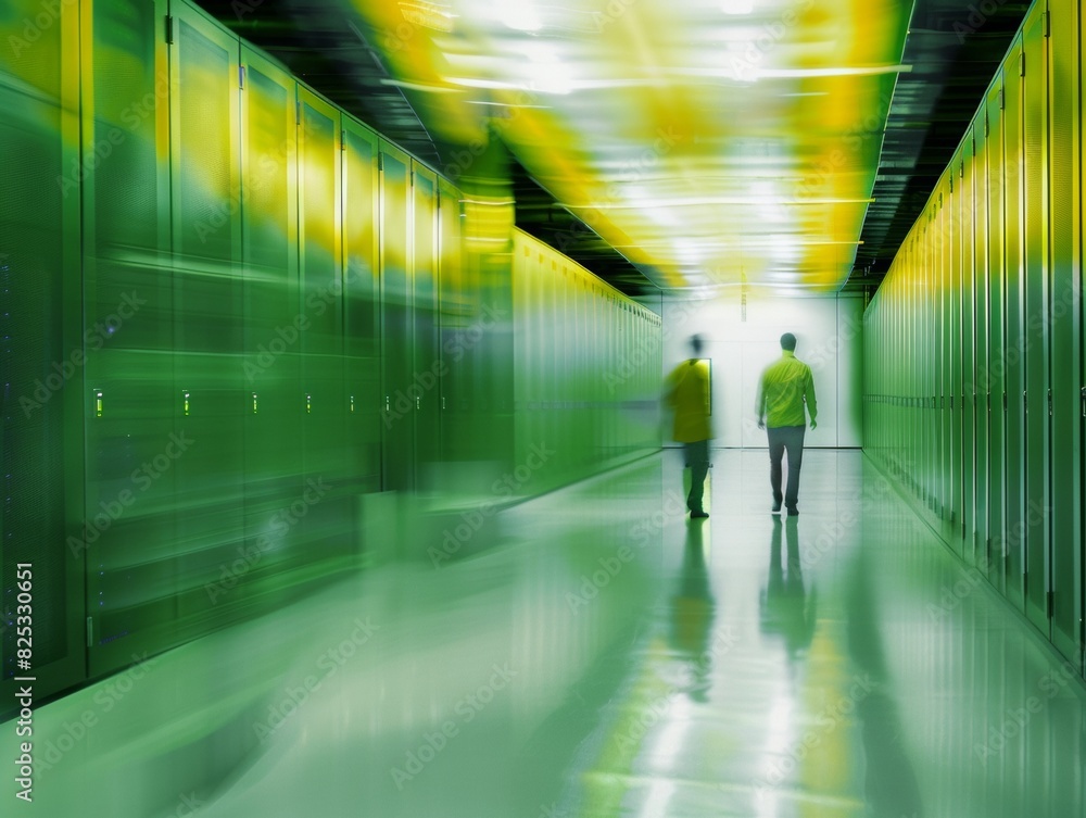 Aufkleber Abstract Image of Two Technology Workers in a Green Data Center with Blurred Servers and Symmetrical Composition