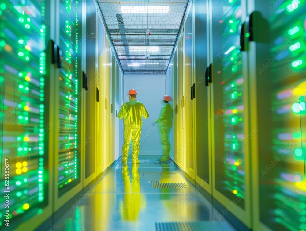 Aufkleber abstract blurry photo of two tech workers in a vibrant green data center: symmetrical composition, l
