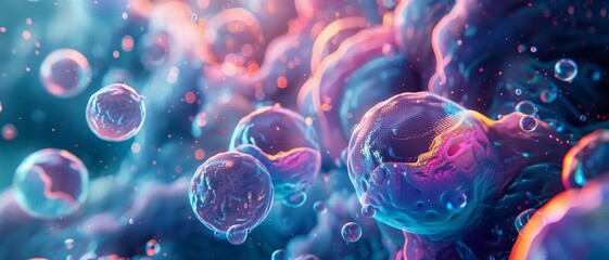Obraz premium Ethereal closeup of organic, cell like forms and vibrant orbs in a fluid