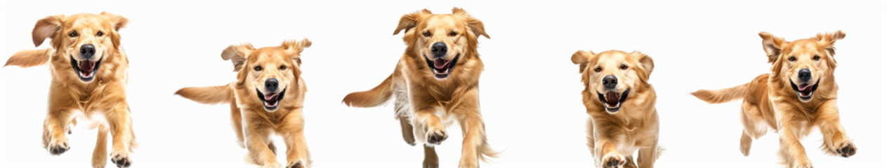 3 golden retriever dogs running towards the camera, happy and smiling, white background, different poses, hyper realistic photography.