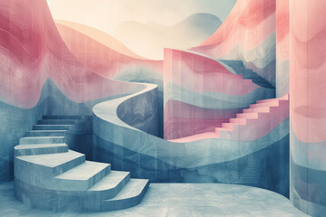 Minimalist isometric design featuring alternating wavy lines in cool, calming colors,