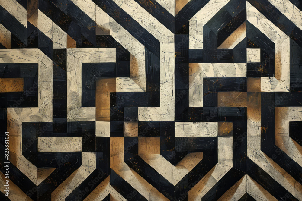 Poster abstract isometric background featuring floating zigzag lines in neutral shades,