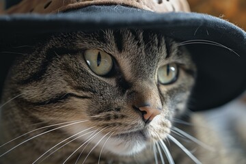 Striking portrait of a tabby cat with mesmerizing eyes, donning a stylish vintage hat
