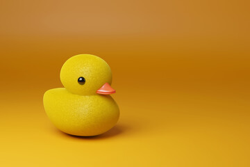 Toy duckling on yellow background with copy space. 3d illustration.