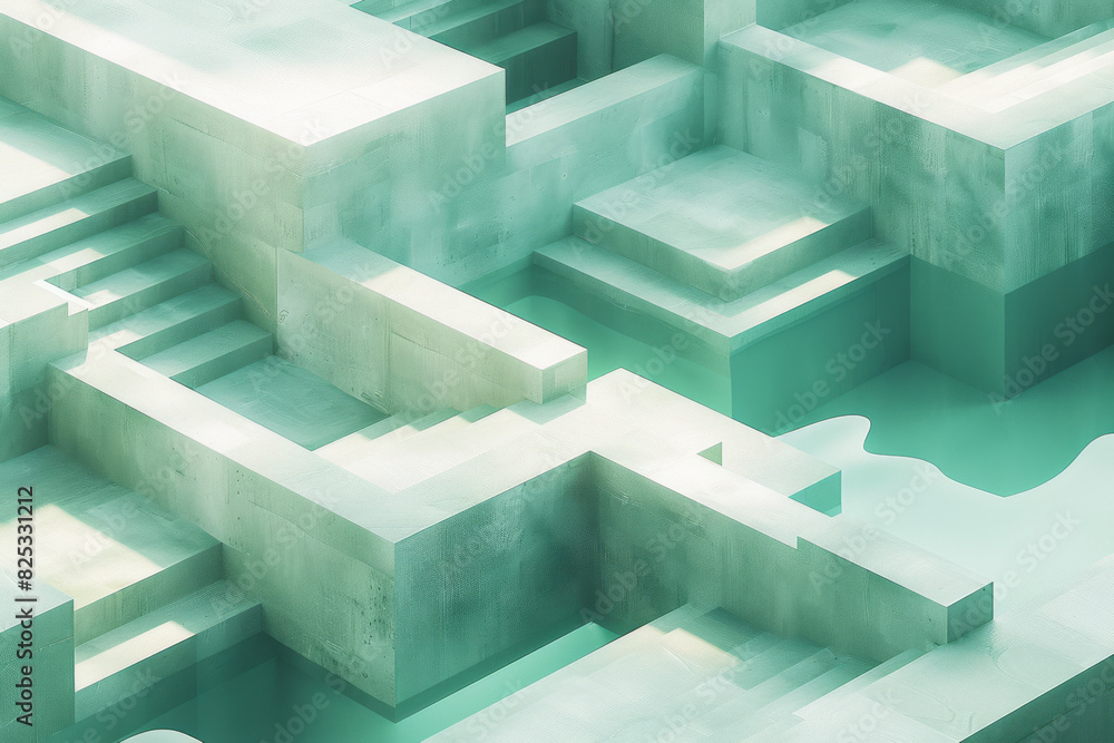 Poster minimalist isometric design with tessellating horizontal lines in a subtle color palette,