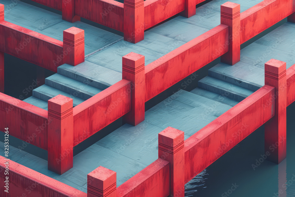 Poster minimalist isometric design with tessellating horizontal lines in a subtle color palette,