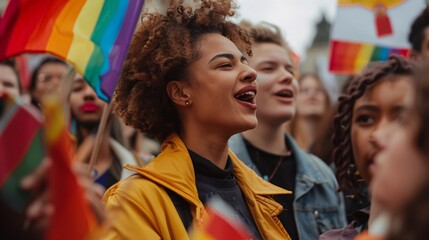 Fototapeta premium Empowering LGBTQ+ Rights Rally with Diverse Activists Speaking and Holding Passionate Signs