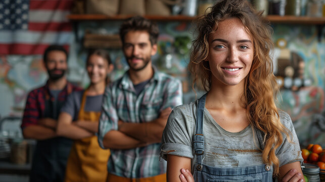 Diverse group of professionals smiling at camera with American flag backdrop for Labor Day celebration.