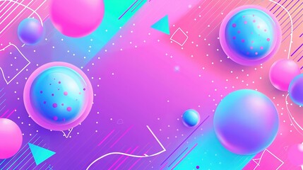   A collection of blue-pink spheres bobbing above a purple-pink backdrop featuring geometrical figures and lines