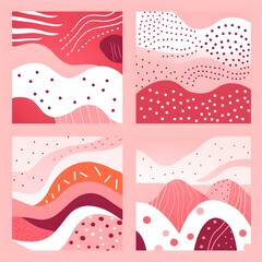 Abstract Hand Drawn Geometric Childish Style Vector Pattern Set.Waves, Arches and Dots on a Various Pink Backgrounds. Cute Irregular Geometric Vector Pattern.