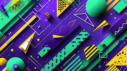   An image featuring a vibrant purple and green abstract background, filled with diverse and varied shapes and line sizes