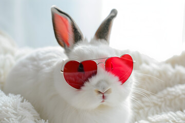 A cute white furry bunny rabbit wearing sunglasses and holding a red heart, perfect for celebrating Mothers Day or Valentines Day or as a gift for a friend.