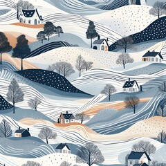 Abstract hill valley winter scribble pattern. Mountain landscape with houses and trees. Vector hand drawn illustration