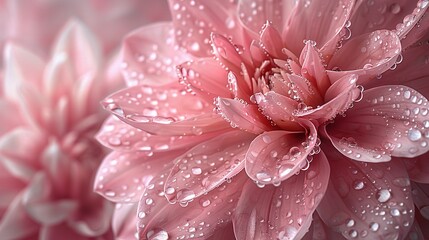  Pink flower in foreground, water droplets