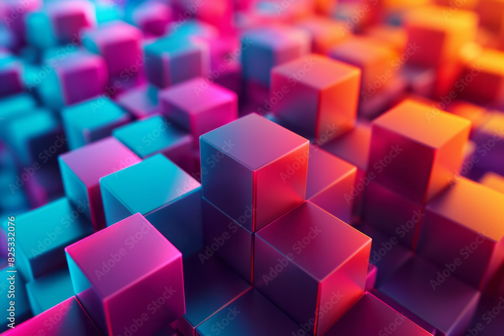 Poster minimalist isometric design featuring floating cubes in a gradient of colors,