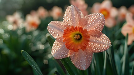   A macro image captures a close-up of a single flower with dewdrops on its petals, while the out-of-focus backdrop showcases various other blooms