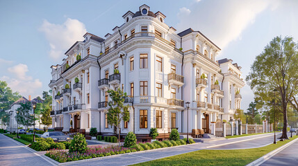 Obraz premium Contemporary Suburban Luxury: Elegant Residential Architecture in a Wealthy Urban Area with Curved Design Elements and Large Windows Wallpaper Digital Art Poster Brainstorming Map Magazine Background 