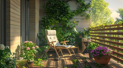 Beautiful terrace or balcony wooden floor with an armchair and green house plants