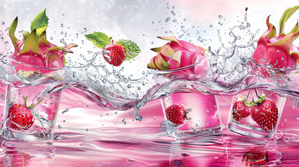   A glass of water with strawberries splashing into it and a splash of water on top