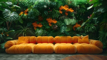 a cinematic photograph featuring bright furniture set against a lush green wall of plants