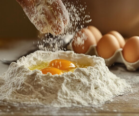 A raw egg is broken into a pile of flour, with more flour falling onto it. The egg yolk is bright yellow and surrounded by egg white, nestled in a well of white flour. 