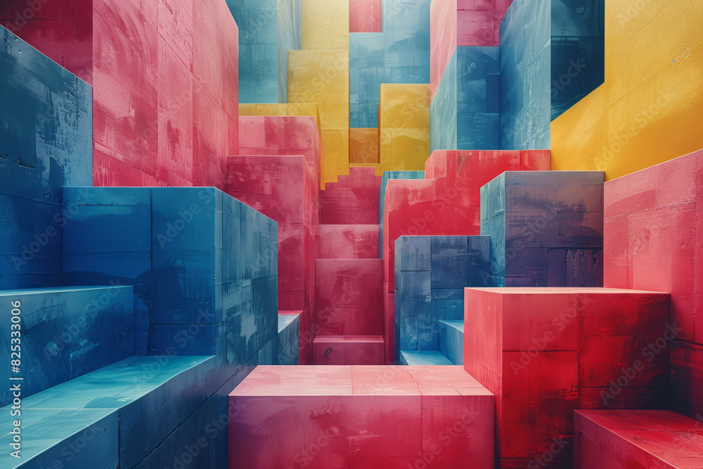 Poster minimalist isometric design featuring alternating cubes in cool, calming colors,
