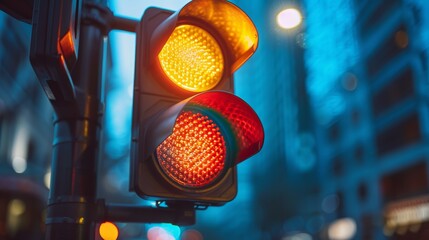 Closeup of a traffic light turning red, detailed lens, urban background, high resolution, stop signal, stock photography
