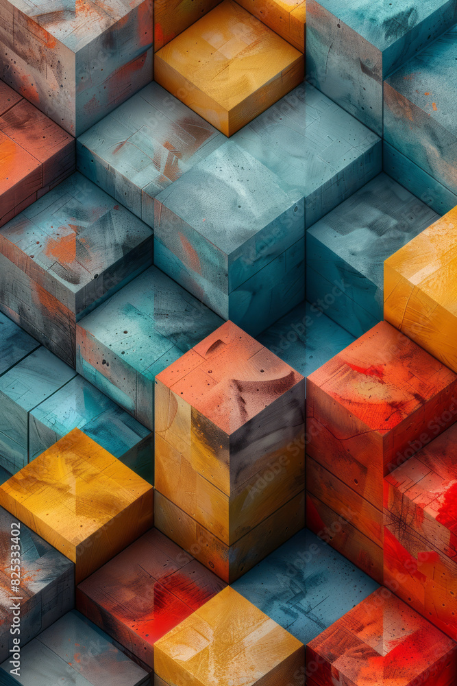 Poster minimalist isometric design with tessellating cubes in a subtle color palette,